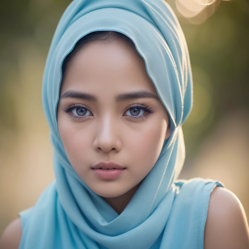 1 javanese girl, beautiful detailed eyes, beautiful detailed lips, extremely detailed face, long eyelashes, shy expression, wearing blue pastel lingerie, modern plain hijab, medium portrait shot, proportional body, watery eyes, glowing particles, light bokeh background, cinematic lighting, soft color palette, dreamlike, highly detailed, photorealistic, 8k, best quality