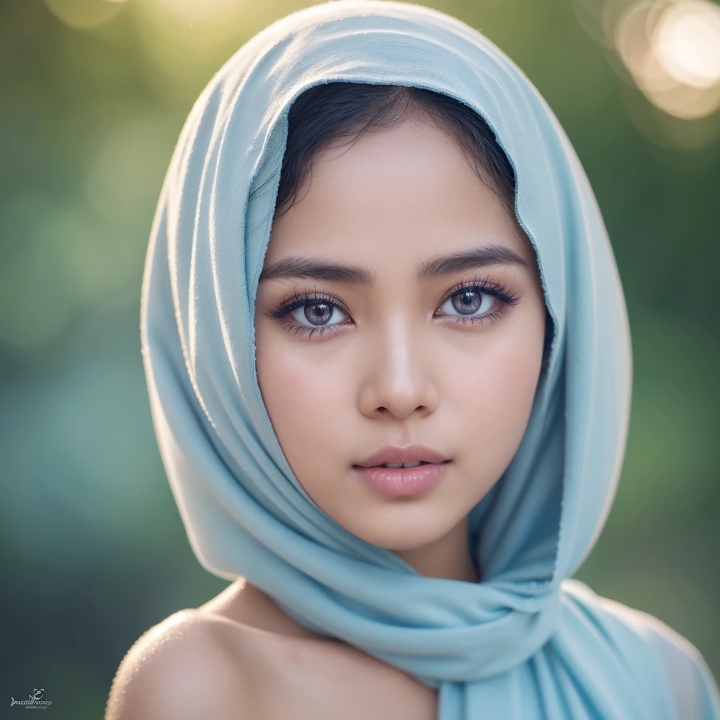 1 javanese girl, beautiful detailed eyes, beautiful detailed lips, extremely detailed face, long eyelashes, shy expression, wearing blue pastel lingerie, modern plain hijab, medium portrait shot, proportional body, watery eyes, glowing particles, light bokeh background, cinematic lighting, soft color palette, dreamlike, highly detailed, photorealistic, 8k, best quality