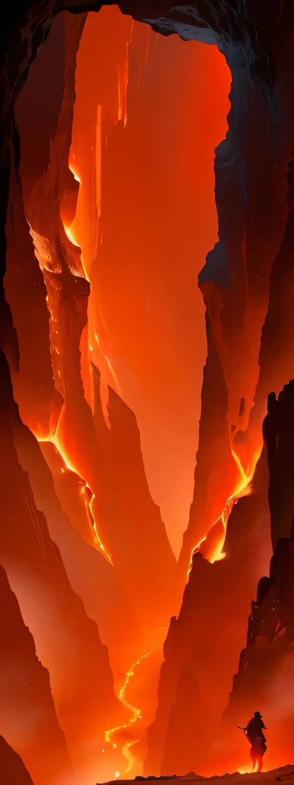 A man and a horse standing in a canyon, Hell Background, Background of lava river, mustafar, Canyon Background, Volcano Workshop Background, fire lava, Hellfire Background, Volcano Background, Portal to the Lost Realm of Flame, Orange flame in the background, Lava Falls, Hot environment, Blazing lava flows, red narrow lava rivers