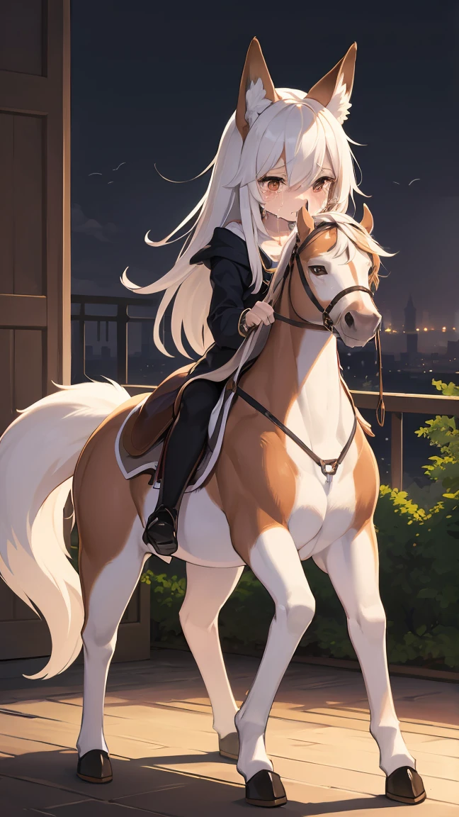 nsfw, 1 female fox, young, straight long white hair, riding on rocking horse, crying, brush, ambient light, full body, high quality, high-details, best quality,