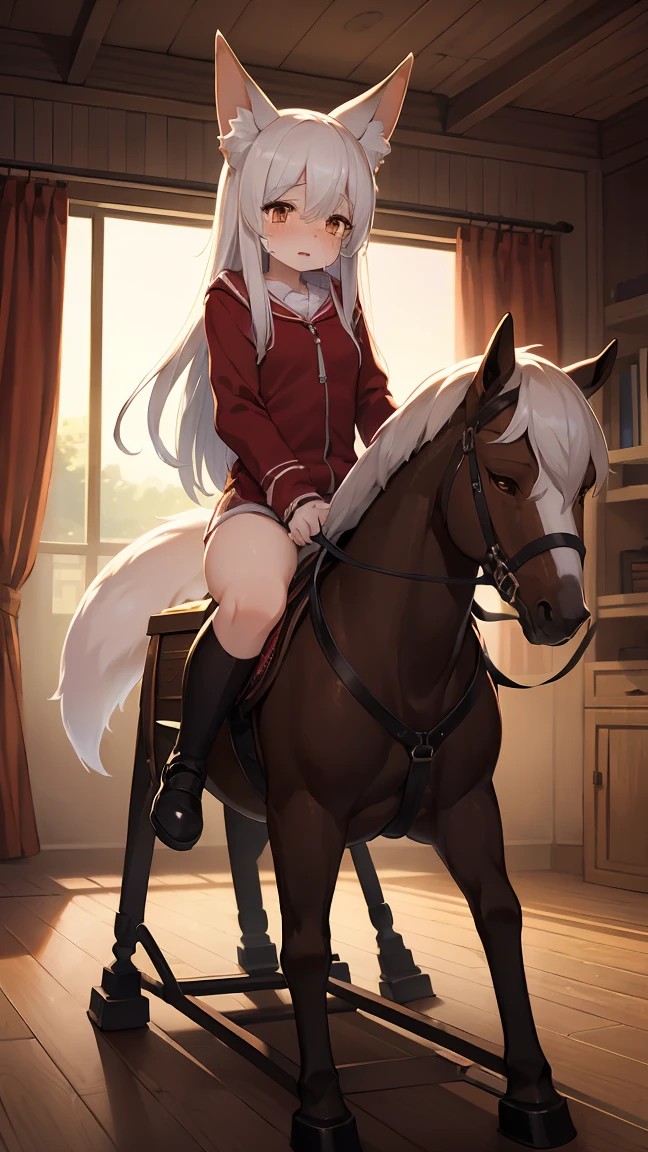nsfw, 1 female fox, young, straight long white hair, riding on rocking horse, crying, brush, ambient light, full body, high quality, high-details, best quality,