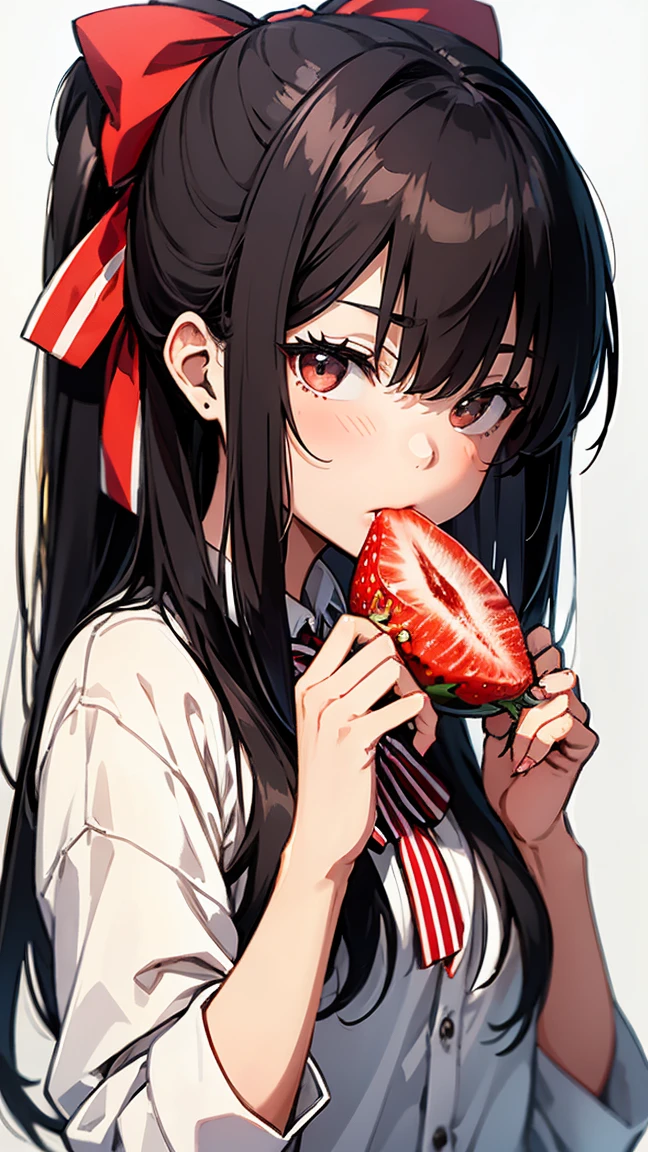 Portrait of a young Japanese female student with long straight black hair and bangs. She is wearing a white shirt and a red and blue striped bow tie. She is eating a strawberry. The background is simple and plain. The style is realistic with attention to detail and captures her calm and serious expression.