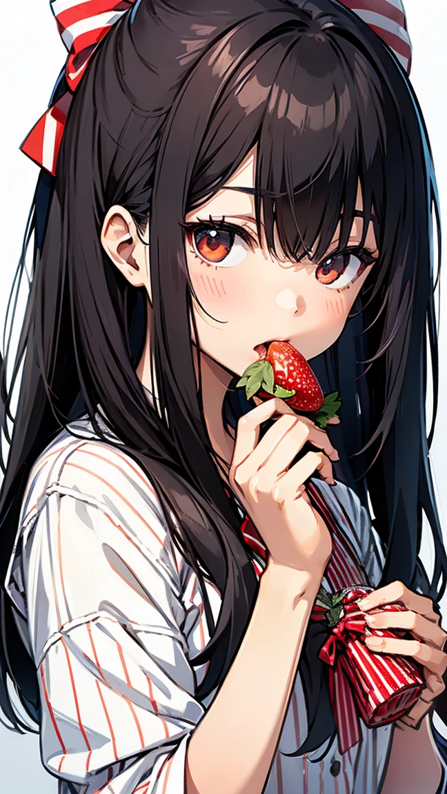 Portrait of a young Japanese female student with long straight black hair and bangs. She is wearing a white shirt and a red and blue striped bow tie. She is eating a strawberry. The background is simple and plain. The style is realistic with attention to detail and captures her calm and serious expression.