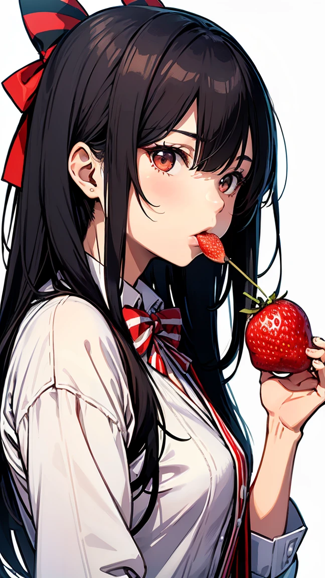 Portrait of a young Japanese female student with long straight black hair and bangs. She is wearing a white shirt and a red and blue striped bow tie. She is eating a strawberry. The background is simple and plain. The style is realistic with attention to detail and captures her calm and serious expression.