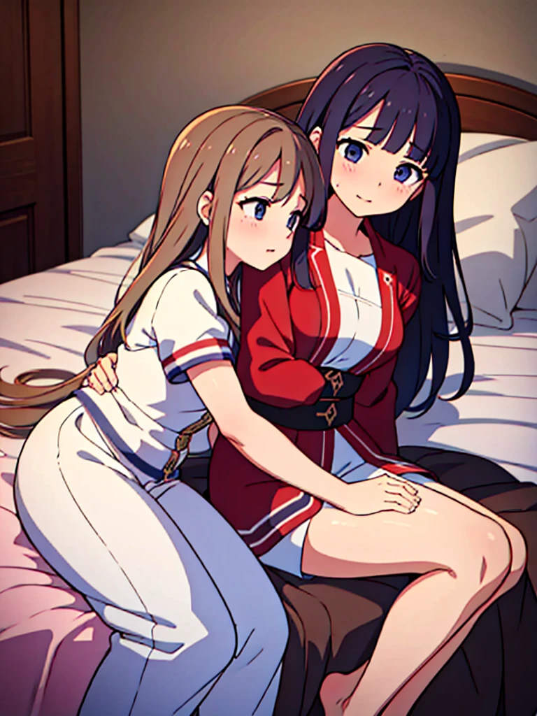 (​masterpiece、top-quality、hight resolution、Unity 8k Wallpaper、extremely details CG:1), The film describes a scene in which two women are beginning a lesbian  act together on a bed in a private room. The young woman, nervous for the first time, is being coached by an experienced lesbian senior. The senior gently touches the young woman's body and gently teaches her lesbianism. The intimate setting, in which they only see each other, accentuates their loving relationship and expresses the young woman's desire for the unknown and pleasure from her senior. 