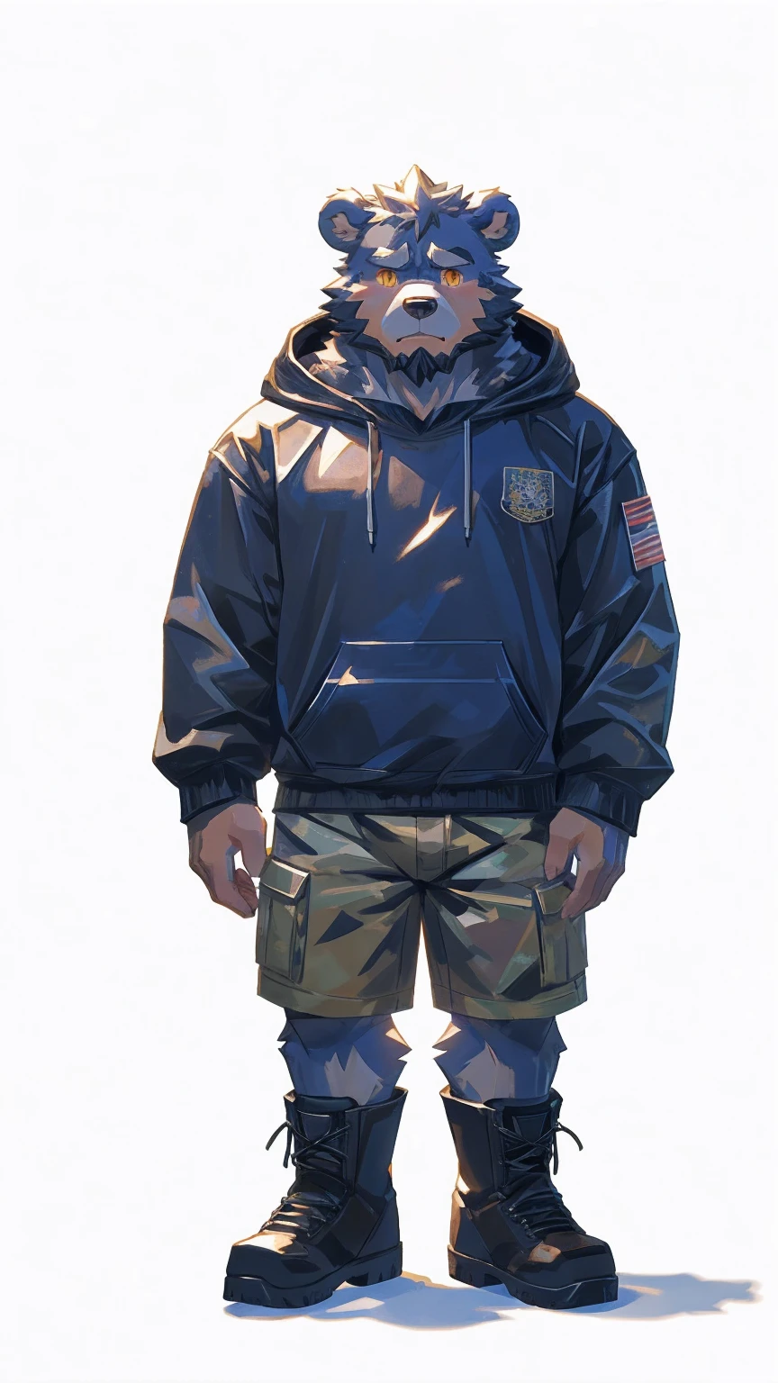 (masterpiece:1.2), best quality,pixiv,official art,perfect anatomy, (Ray tracing, light),solo, (1_male:1.3) , (muscle), (gray fur:1.4), (muscle bear), (beard:1.2), (gleaming golden eyes), Thick black eyebrows, (transparent open hoodie:1.3), (naked inside:1.2), cargo shorts, boots, standing alone, unhappy , (pure white background :1.3) , less background