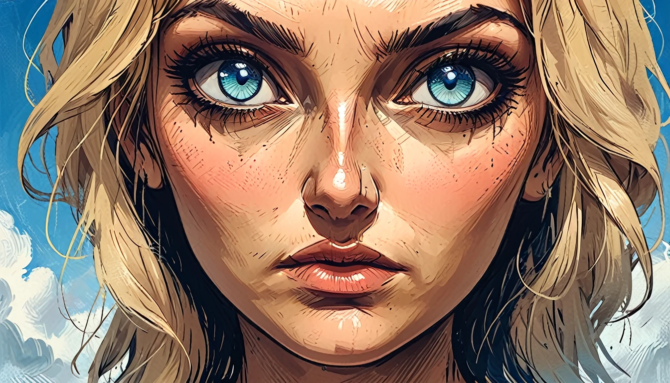 macro blue Eyes,
on cloud sky background, shadows, 
head turn, 
fisheye,

close up portrait girl, adult, [Nordic], Hourglass  perfect Olive skin, Oval Face, Long neck, Rounded shoulders, Attached Pointed ears, round forehead, Short blonde Waves pixie hair, snub nose, Arched eyebrows, (((monolid blue Eyes))), High Round Narrow cheekbones, Dimpled Cheeks, Rounded Chin, Rounded Jawline, Fine Puppet Wrinkles, Full nude Lips, Nude Makeup Look, long eyelashes, 
 graphic style of novel comics, 
2d, 8k, iMax, hyperrealism, masterpiece, high resolution, best quality, ultra-detailed, super realistic, Hyperrealistic art, high-quality, ultra high res, highest detailed, lot of details, Extremely high-resolution details, incredibly lifelike, colourful,