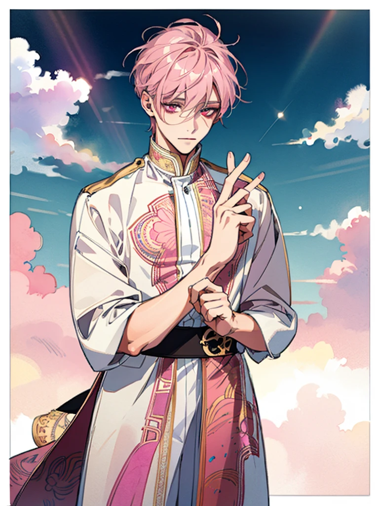 clear line drawing, transparent watercolor, clear shading, beautiful young man, slim,mail,pink hair,pink eyes