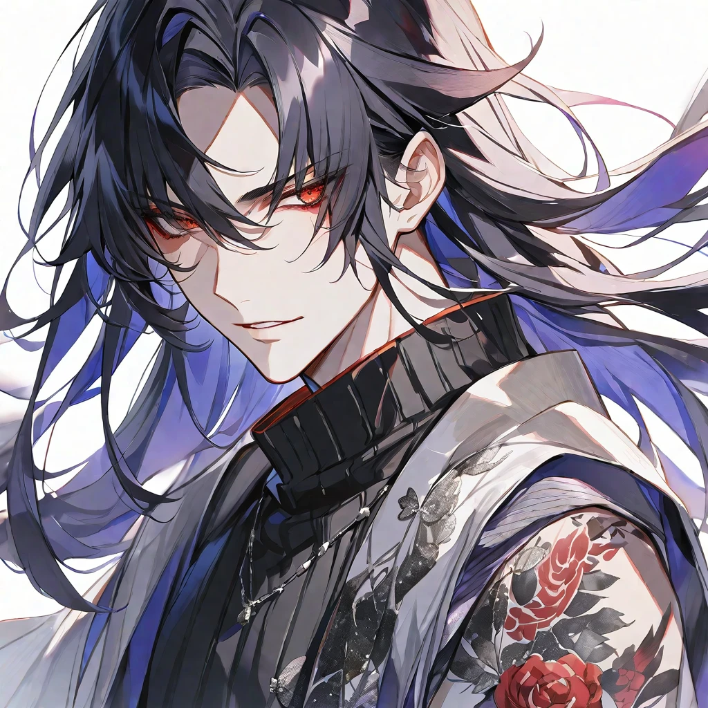 独奏,handsome, Watercolor,
1. male,
hime cut,Straight Hair,long Hair,
black hair, Gojo Satoru,
red Eyes,Black Rose Tattoo,butterfly Tattoo,
black knit,
skin,Silver Accessories,
White background,