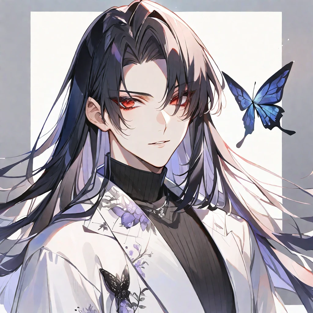 独奏,handsome, Watercolor,
1. male,
hime cut,Straight Hair,long Hair,
black hair, Gojo Satoru,
red Eyes,Black Rose Tattoo,butterfly Tattoo,
black knit,
skin,Silver Accessories,
White background,