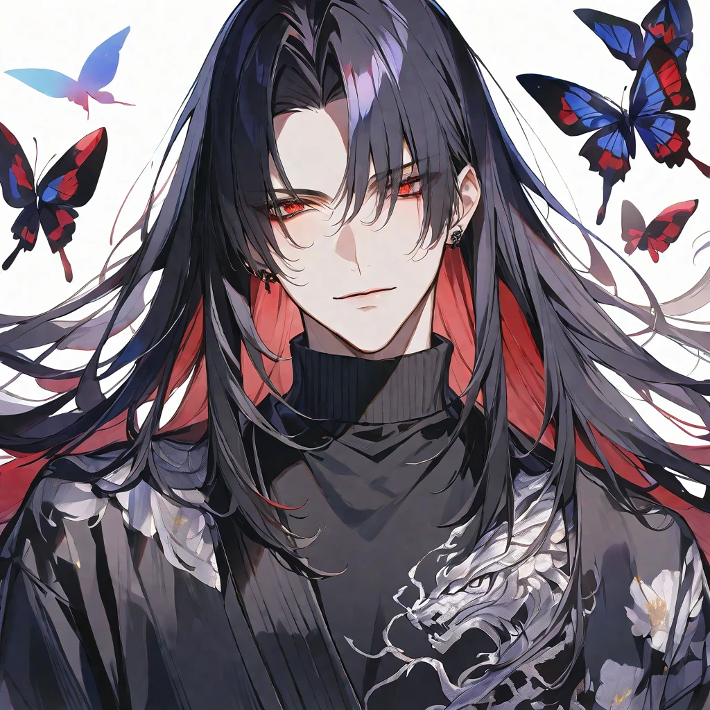 独奏,handsome, Watercolor,
1. male,
hime cut,Straight Hair,long Hair,
black hair, Gojo Satoru,
red Eyes,Black Rose Tattoo,erfly Tattoo,
black knit,
skin,Silver Accessories,
White background,