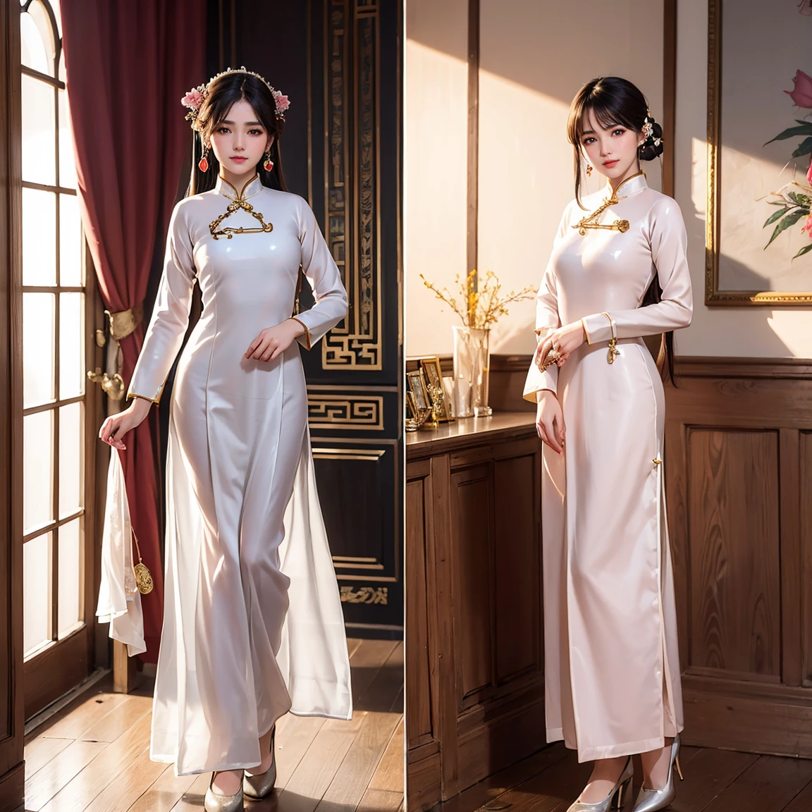 (masterpiece, best quality), ultra detailed, high resolution, 16k, the most beautiful face in the world, perfect face, delicate facial features, highly detailed beautiful face and eyes, shiny skin, highly detailed background, elaborately designed, fine cloth texture, BREAK, (gorgeous and stunning teenage girl in ao dai:1.5), (perfect make-up:1.3), deeply in love, full of elegance, (full body:1.5), (three view drawing, front and back and side, character sheet:1.2)