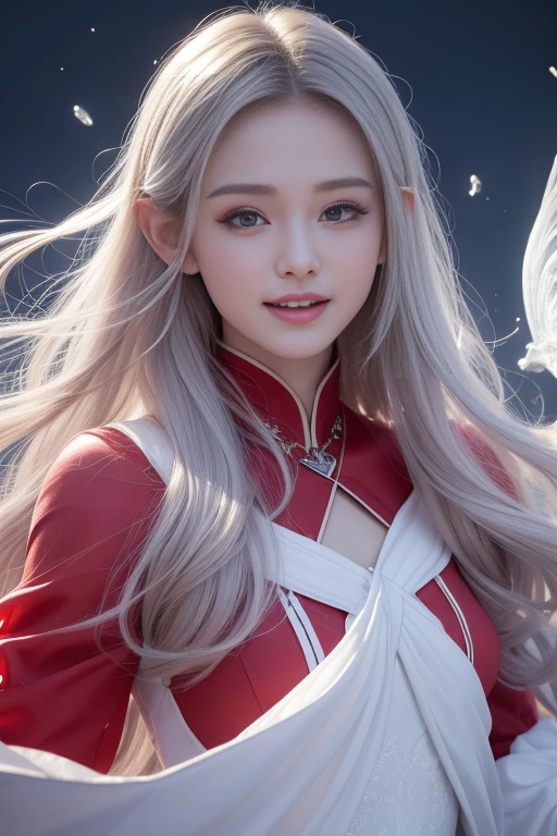 Jesuo，Highest quality，Optimal，Official art，beautifully、aesthetic，exposed for a long time：1.2），Smooth movement，Attractive pattern， 1 girl，（Long Skirt with Sleeves：1.3），(((Red clothes)))，No shoulders，China Girl，Blush Lash，Long white hair， Portraiture，alone，whole body，Long white hair，Thin legs，smile，Double teeth，Ultra Wide Angle，Staring at the observer，Detailed Background，Detailed face，(Crystal AI, Crystal theme:1.1)，Elemental Wind Elf，Swirling Wind，Controlling the Wind，White crystal clothes，Dynamic pose，Suspended particles，Spiritual Power，Swoosh，vapor，Whirlwind in the background，White Tone，Swoosh，Ethereal atmosphere，ghost、吸血ghost、（Bright red full moon 1：3）、