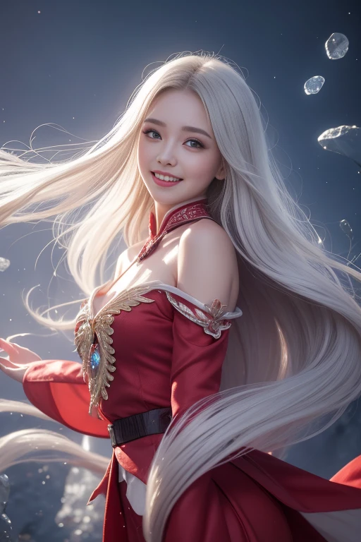Jesuo,Highest quality,Optimal,Official art,beautifully、aesthetic,exposed for a long time:1.2),Smooth movement,Attractive pattern, 1 girl,(Long Skirt with Sleeves:1.3),(((Red clothes))),No shoulders,China Girl,Blush Lash,Long white hair, Portraiture,alone,whole body,Long white hair,Thin legs,smile,Double teeth,Ultra Wide Angle,Staring at the observer,Detailed Background,Detailed face,(Crystal AI, Crystal theme:1.1),Elemental Wind Elf,Swirling Wind,Controlling the Wind,White crystal clothes,Dynamic pose,Suspended particles,Spiritual Power,Swoosh,vapor,Whirlwind in the background,White Tone,Swoosh,Ethereal atmosphere,ghost、吸血ghost、(Bright red full moon 1:3)、