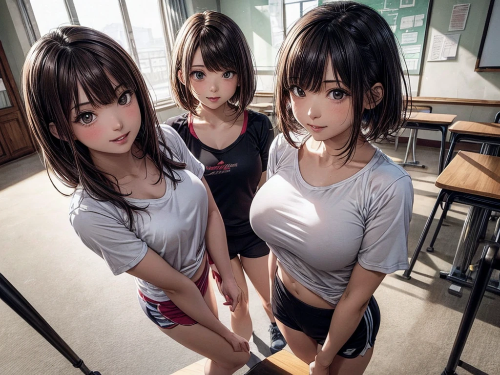 ((masterpiece)), ((Highest quality)), (Super detailed), ((Very detailed)), 4K, (8K), Highest quality, (beautiful), figure, Anime Style, Monochrome, grayscale, Genuineistic, Genuine, Dynamic Angle, Upper Body, Thick outline, Clear contours, Full Body Focus, In the classroom, (Three Girls, Three cute girls), Gym Shorts, beautiful light brown hair, beautiful brown eyes, ((beautiful eyes)), short hair, Large Breasts, A light smile, Shine, Shine