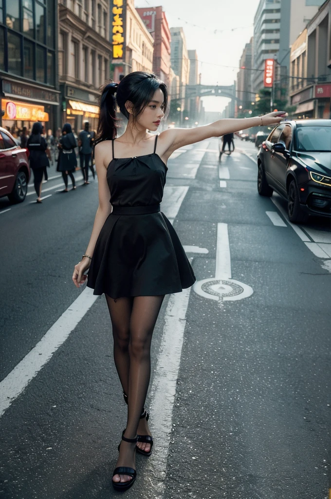 (((best quality))),(((ultra detailed))),(((masterpiece))),illustration,1girl,slim,sun-kissed skin,vibrant rose-pink cotton dress,short ponytail,flat chest,slender legs,pantyhose,sandals, bustling city streets, honking cars,surrounded by crowded crowds, colorful advertisements,grilled skewers,enjoying sights and sounds,(dark black skin:1.5),day scene