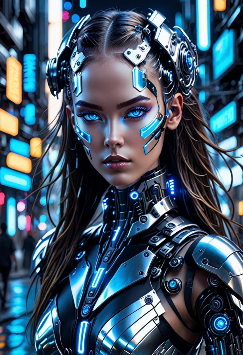 "Cyborg girl with metallic features, glowing blue eyes, and futuristic attire, in a dystopian cityscape at night. Add a sense of mystery and intrigue with a dark color palette, neon lights, and cyberpunk elements. Emphasize the contrast between technology and humanity, blending organic and mechanical elements seamlessly. Capture the essence of a cybernetic world with detailed textures, intricate circuitry, and reflections on the metallic surfaces. Aim for a high-quality and visually captivating illustration that showcases the futuristic cyborg concept."