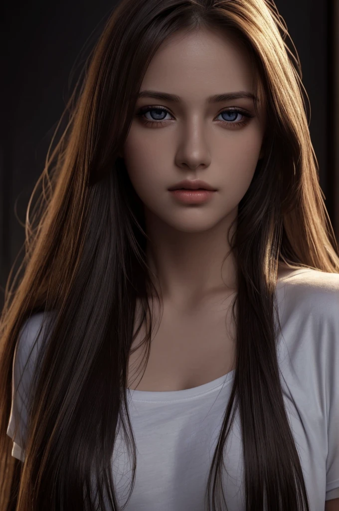 Best quality, masterpiece, ultra high res, (photorealistic:1.37), raw photo, 1girl, long hair, beautifull eyes,  beautifull face, detailed eyes and face, t-shirt, dynamic lighting, in the dark, deep shadow, low key, cowboy shot