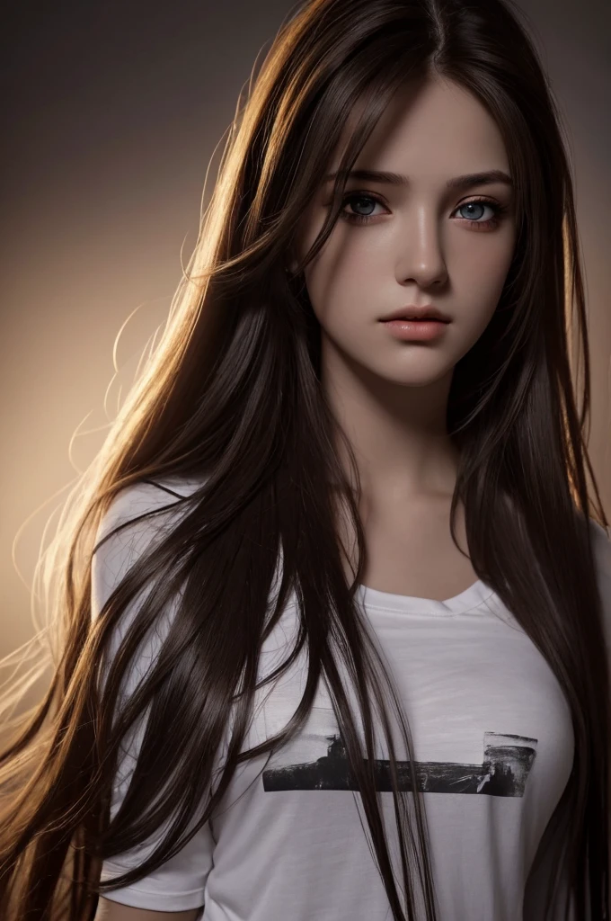 Best quality, masterpiece, ultra high res, (photorealistic:1.37), raw photo, 1girl, long hair, beautifull eyes,  beautifull face, detailed eyes and face, t-shirt, dynamic lighting, in the dark, deep shadow, low key, cowboy shot