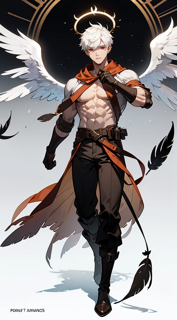 book cover, artistic image, Handsome man, white hair, very short hair, ((crew cut: 1)), red eyes, fair skin, ((muscular: 1)), man, 28 years old, muscular, in good shape , muscular. no shirt, gold details, brown leather shawl, baggy gray pants, black and brown belts, black boots, brown gloves, lots of belts, red halo, halo behind the head, feathers flying, horns on the head, feathers falling, angel transformation, transformation Demon, human will not transform, three transformations, black feathers, white feathers, elemental power of light, elemental power of shadow, a seraph of chaos, several skeleton hands, power of death, power of life.
