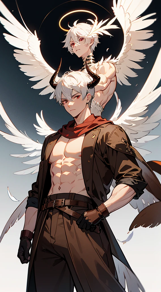 book cover, artistic image, Handsome man, white hair, very short hair, ((crew cut: 1)), red eyes, fair skin, ((muscular: 1)), man, 28 years old, muscular, in good shape , muscular. no shirt, gold details, brown leather shawl, baggy gray pants, black and brown belts, black boots, brown gloves, lots of belts, red halo, halo behind the head, feathers flying, horns on the head, feathers falling, angel transformation, transformation Demon, human will not transform, three transformations, black feathers, white feathers, elemental power of light, elemental power of shadow, a seraph of chaos, several skeleton hands, power of death, power of life.
