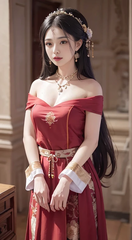 (From the outside) (Glossy Skin), Colorful,The best quality at its best,masterpiece,Photo - Real,Intricate details,RAW Photos,court,Gorgeous Chinese dress,Super long hair,Cropped shoulders,Delicate face,Exposing cleavage,Decorations,Hide your hands