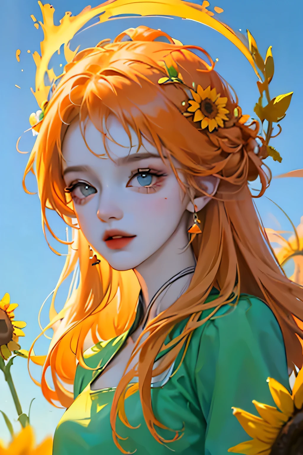 (high quality) (best quality) (a woman) (correct physiognomy) (perfect eyes) (perfect pupils) Woman, orange hair with bangs on the forehead, crown of flowers on the head, green eyes, perfect eyes, tender lips, middle age, olive green summer dress with flower print, location of the photo the woman must be in the middle of a field of sunflowers, lighting of the photo sunlight, full body proportion from head to hips.