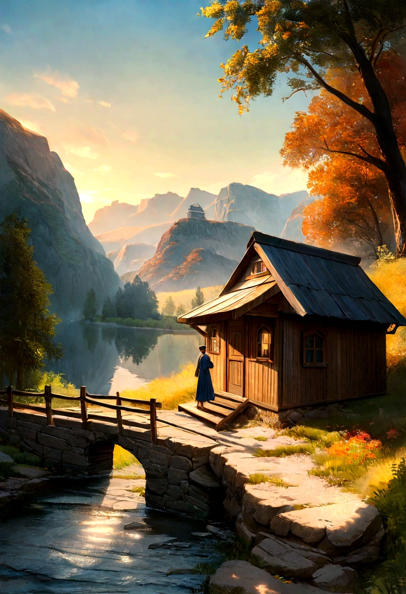 A man of one,The camera is facing his back。A river and a house, Romantic landscapes of Saxon Switzerland, Inspired by Carl Hilger, Albert Bierstadt 4k, romantic landscape painting, Hudson River School, author:August Friedrich Schenck, author:Alexander Nasmills, By Robert S.. Duncanson, Alpine view with hut, author:Joseph von Ferich, Ludwig Richter Landscapes, Warm autumn light, Light and Shadow, Woman in blue dress sitting at the foot of a tree in the sun, Hikers walking on trail, Light and Shadow