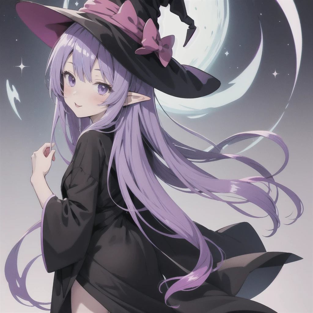 anime girl long purple hair wearing a black Robe. she has pointy ears. Witch Hat. Manga kawaii. iridescent ,An illustration, 0ne person .look back