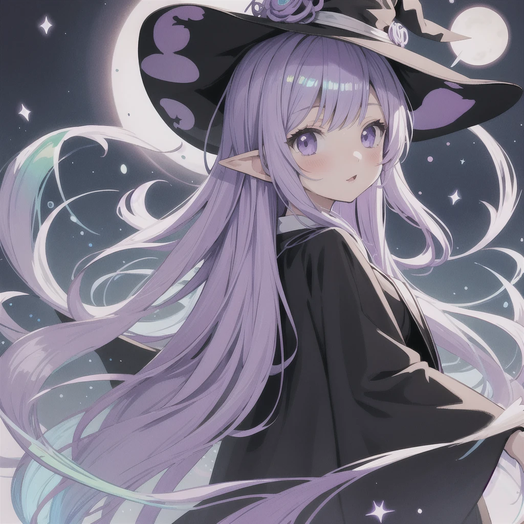 anime girl long purple hair wearing a black Robe. she has pointy ears. Witch Hat. Manga kawaii. iridescent ,An illustration, 0ne person .look back