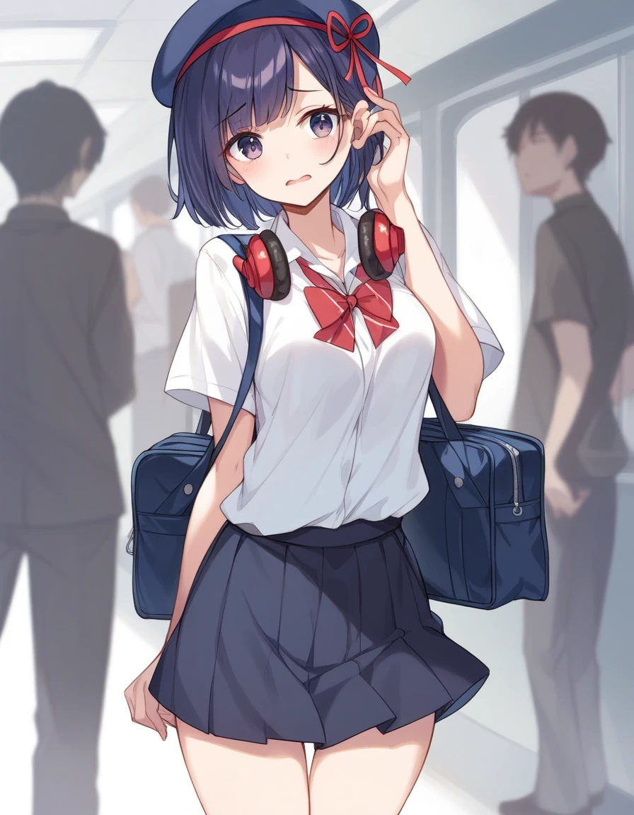 nsfw、BREAK Perfect Anatomy、Highest quality、(cute:1.1)、(cute)、(High resolution:1.2)、Unbelievably absurd:1.3、Incredible illustrations、(cuteイラスト:1.2)、(Beautiful background、Inside a crowded train)(1 girl) 、solo)、(10th Generation、JK)、slender、、、、Eye highlights、embarrassed、、1girl(beret、Cotton shirt、Check skirt、school bag、Headphones)