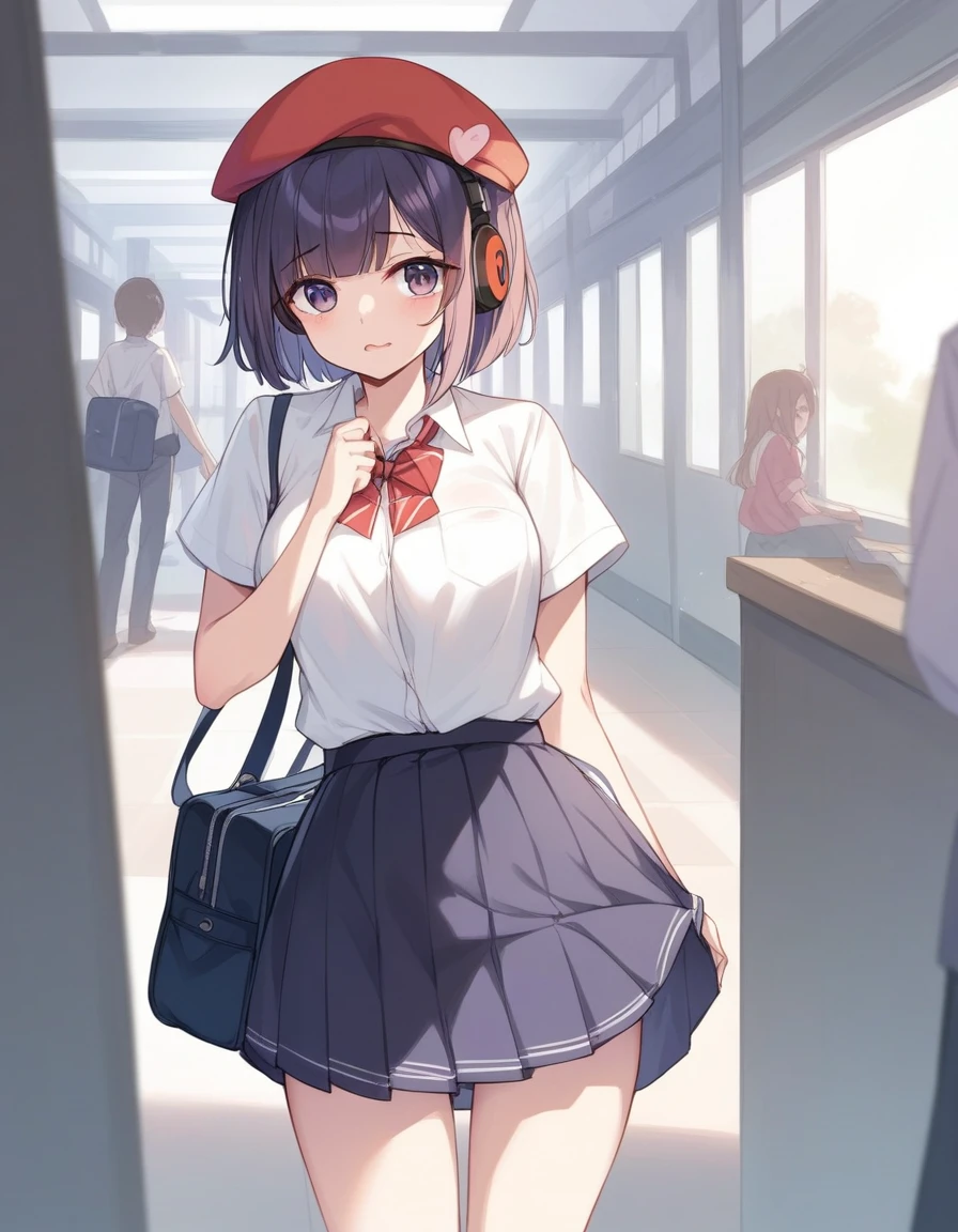 nsfw、BREAK Perfect Anatomy、Highest quality、(cute:1.1)、(cute)、(High resolution:1.2)、Unbelievably absurd:1.3、Incredible illustrations、(cuteイラスト:1.2)、(Beautiful background、Inside a crowded train)(1 girl) 、solo)、(10th Generation、JK)、slender、、、、Eye highlights、embarrassed、、1girl(beret、Cotton shirt、Check skirt、school bag、Headphones)
