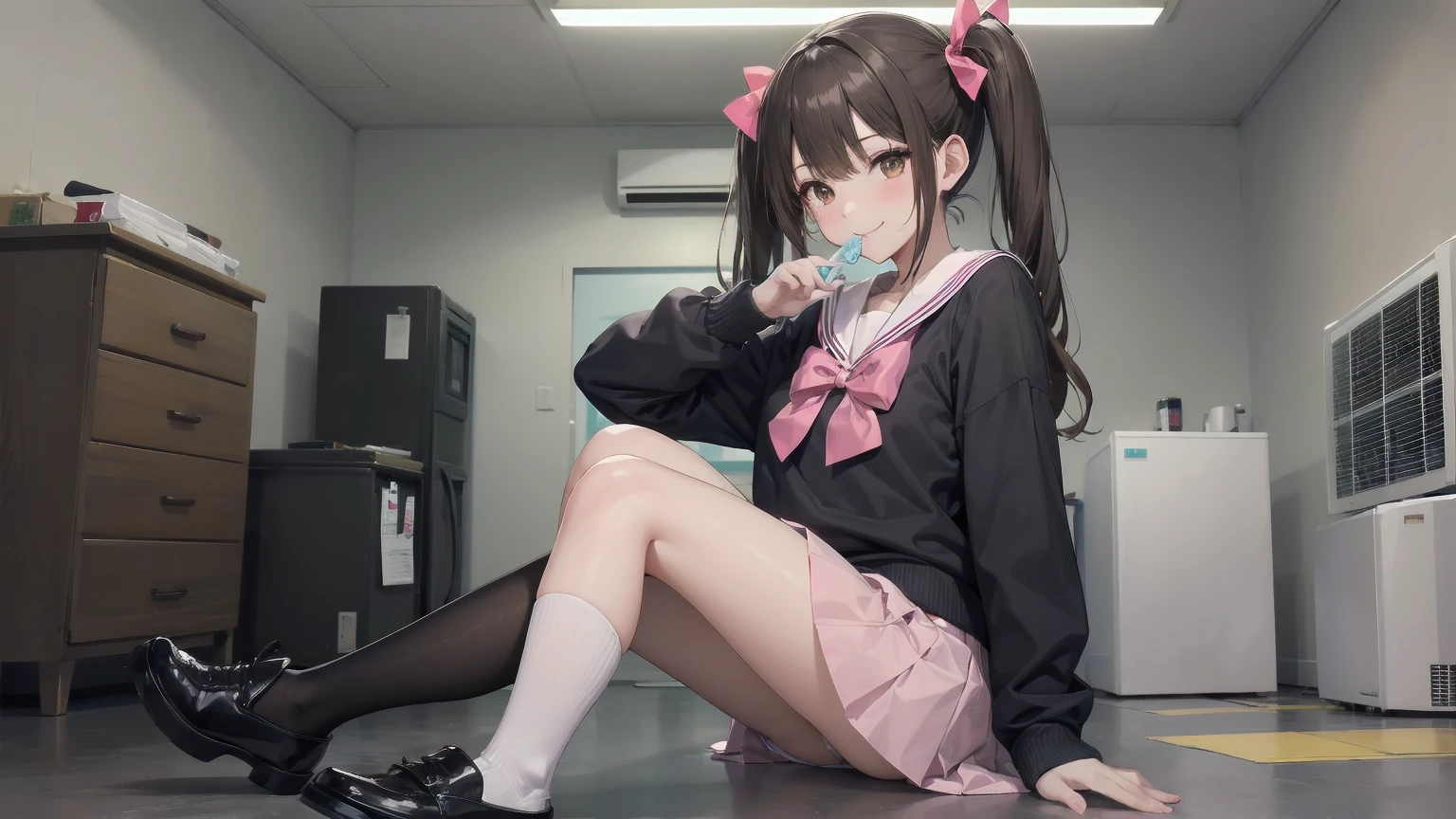 One girl, alone, View your viewers, skirt, Brown Hair, shirt, Long sleeve, bow, Twin tails, Brown eyes, , whole body, shoes, shoes下, Sailor collar, Black footwear, Twin Blade, Cosplay, blue bow, white shoes下, pink skirt, Photo Background, pink Sailor collar、Hold a condom in your mouth、A defiant smile、skirtを上げる 薄暗い裏路地、Sit on the air conditioner&#39;s outdoor unit