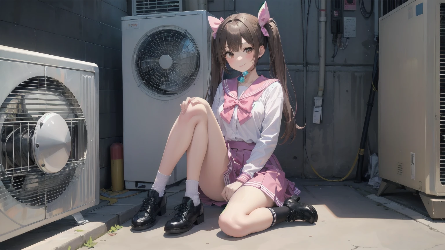 One girl, alone, View your viewers, skirt, Brown Hair, shirt, Long sleeve, bow, Twin tails, Brown eyes, , whole body, shoes, shoes下, Sailor collar, Black footwear, Twin Blade, Cosplay, blue bow, white shoes下, pink skirt, Photo Background, pink Sailor collar、Hold a  in your mouth、A defiant smile、skirtを上げる 薄暗い裏路地、Sit on the air conditioner's outdoor unit
