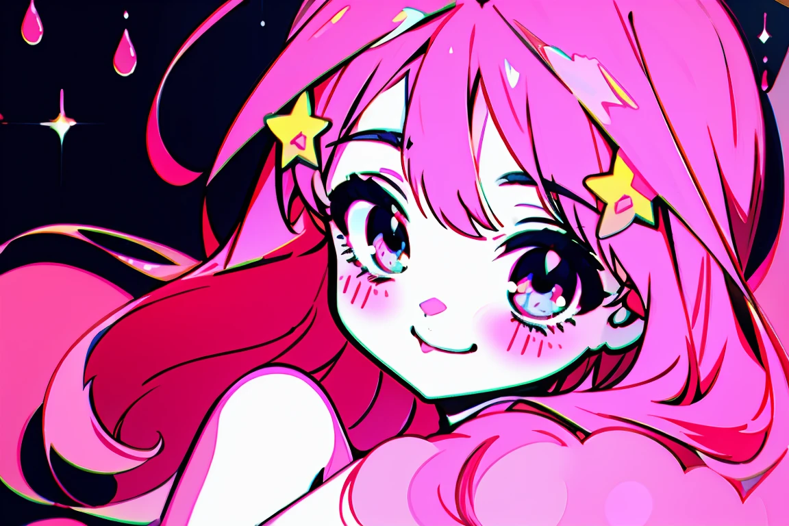 ((best quality)), ((masterpiece)), (detailed), perfect face, 1girl, nakano itsuki, smiling, whimsical, triad color pallette, hugging knees, looking at viewer, pink water droplets, smiling, flat colouring, full body, blank space on the left, fluffy red hair, star hairclips