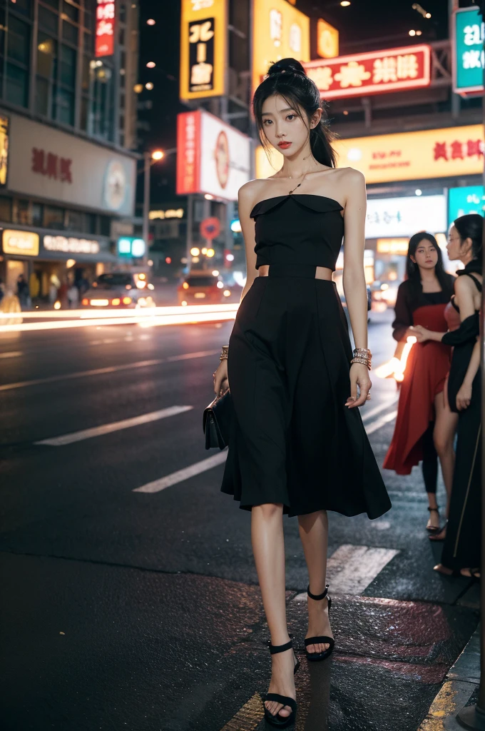 (((best quality))),(((ultra detailed))),(((masterpiece))),illustration,1girl,slim,sun-kissed skin,vibrant rose-pink cotton dress,short ponytail,flat chest,slender legs,pantyhose,sandals, bustling city streets, honking cars,surrounded by crowded crowds, colorful advertisements,grilled skewers,enjoying sights and sounds,(darkened black skin:1.5),upper body,day scene