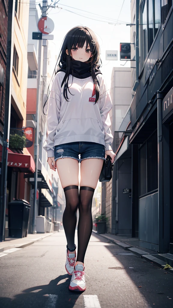 1girl,,legwear,,anklet,black hair,straight_hair,hime cut,long hair,sneakers,huge filesize,scarf,shorts