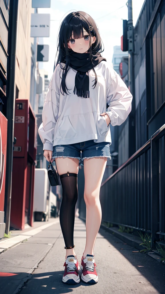 1girl,,legwear,,anklet,black hair,straight_hair,hime cut,long hair,sneakers,huge filesize,scarf,shorts