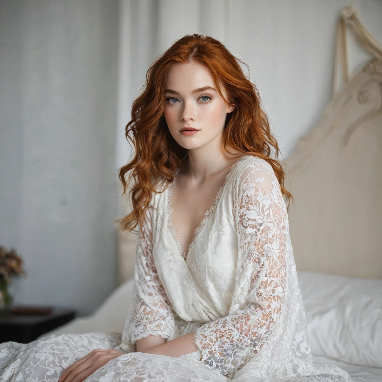 {type: photoréaliste}{subject: femme de 21 ans rousse aux yeux clairs, allongée sur un lit dentelle noire}{environment: chambre avec draps blancs et doux, éclairage ambiant chaud}{details: cheveux roux légèrement ondulés, cils courbés, pose détendue, corp entier}{style: réaliste, détaillé}{camera: Canon EOS R5, objectif 50mm f/1.2, prise de vue moyenne}{lighting: lumière naturelle et douce, ambiance chaleureuse}{resolution: 4K, haute définition}