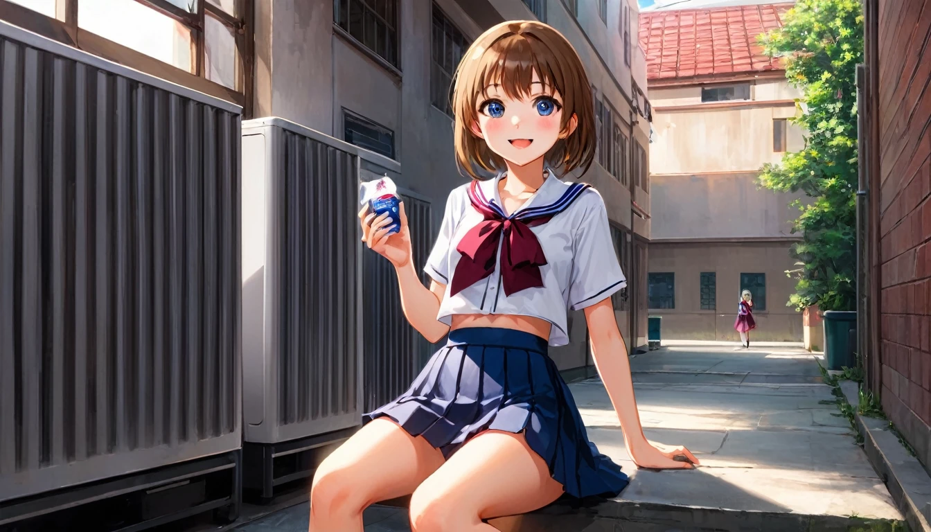 Photo Real, Young girl, High detail, high quality, masterpiece, (Small breasts)), at school, Ultra-short , One Girl, anime、Hold a condom in your mouth、A defiant smile、Lifting her skirt, a dark alley、Sit on the air conditioner&#39;s outdoor unit