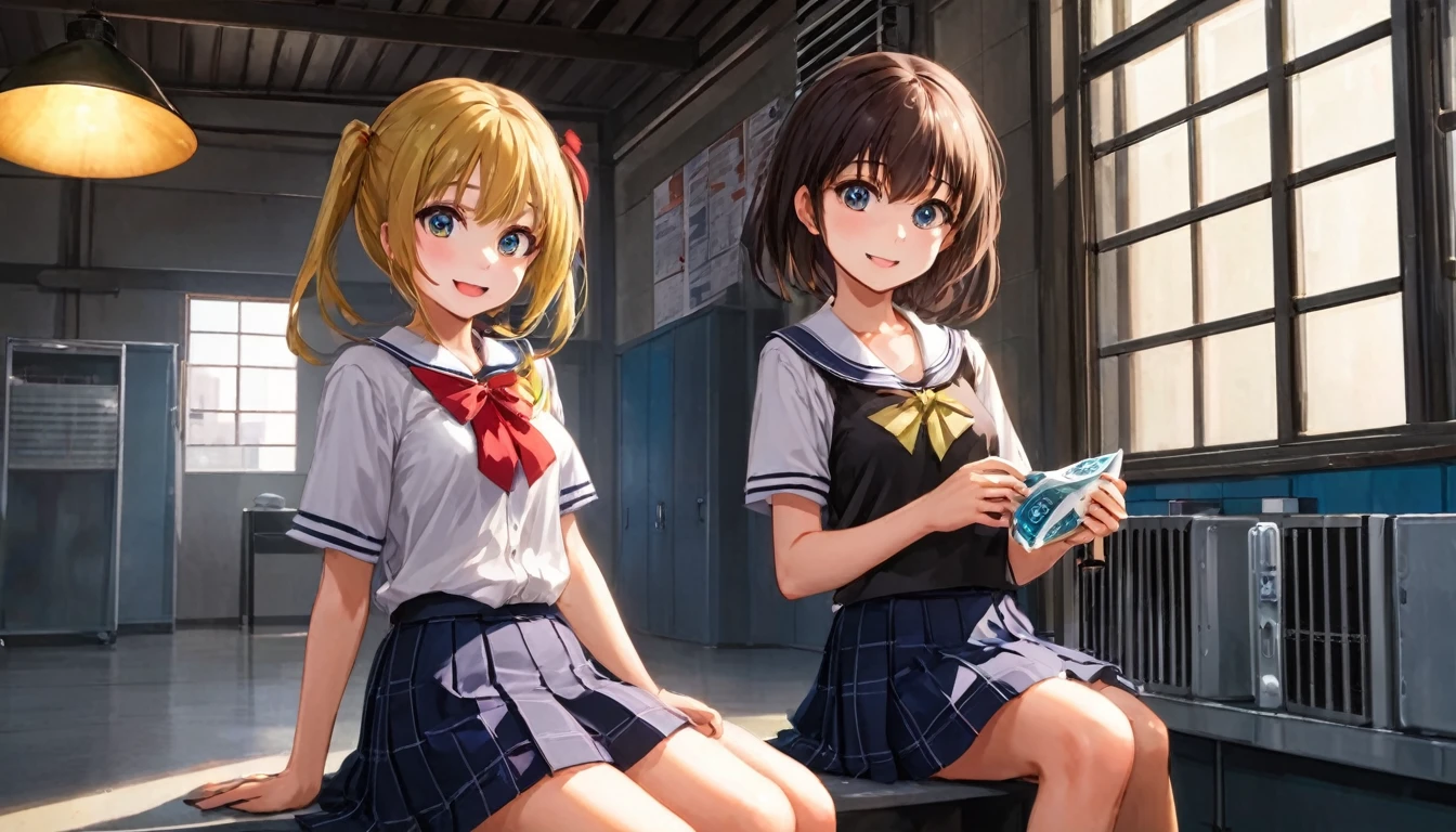 Photo Real, Young girl, High detail, high quality, masterpiece, (Small breasts)), at school, Ultra-short , One Girl, anime、Hold a condom in your mouth、A defiant smile、Lifting her skirt, a dark alley、Sit on the air conditioner's outdoor unit