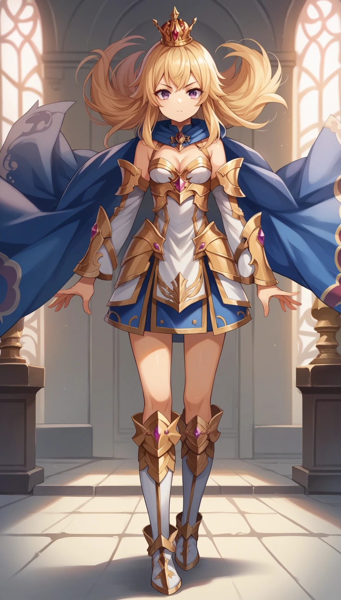 score_9, score_8_up, score_7_up, score_6_up, score_5_up, score_4_up, LizaSGGSXL, purple eyes, blonde hair, bangs, long hair, red scottish crown, small breasts, golden armor, blue cape, cleavage, white dress, detached sleeves, blue skirt, white boots, (solo), standing, looking at viewer, indoors