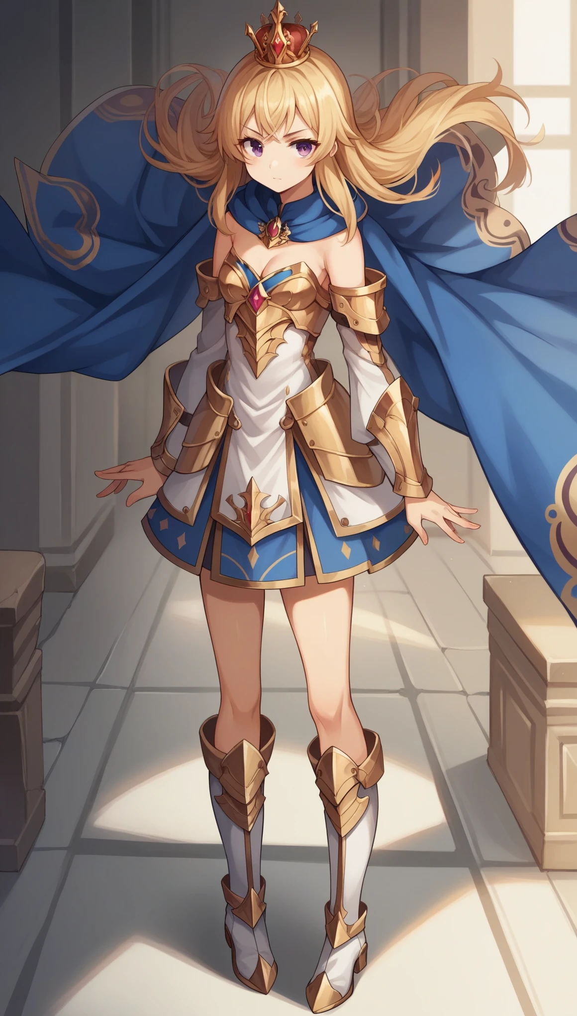 score_9, score_8_up, score_7_up, score_6_up, score_5_up, score_4_up, LizaSGGSXL, purple eyes, blonde hair, bangs, long hair, red scottish crown, small breasts, golden armor, blue cape, cleavage, white dress, detached sleeves, blue skirt, white boots, (solo), standing, looking at viewer, indoors