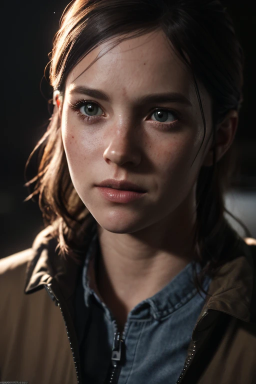 Ellie, tlou2, portrait, sun rays, looking at viewer, award-winning, (8k, RAW photo, best quality, masterpiece:1.2),ultra-detailed, (high detailed skin:1.2), 8k uhd, dslr, soft lighting, high quality, 