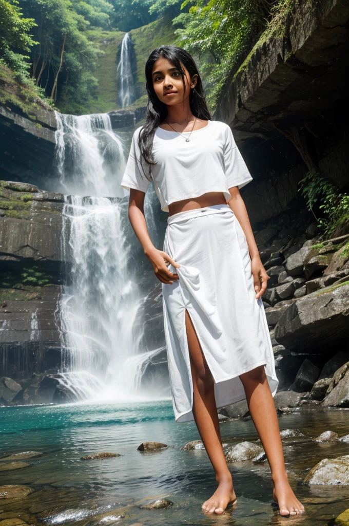 A 14 years Indian girl wearing long full sleave white frok with background water falls and nature