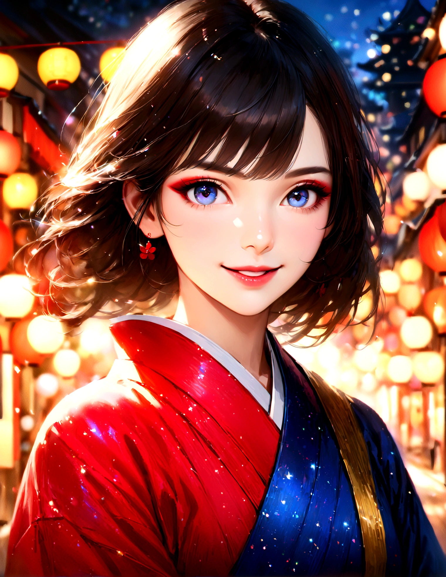 Kyoto, kimono,Maiko makeup,Blur the background,young woman,smile,Glitter effect,Highest quality, 8K, High resolution, masterpiece:1.2, Very detailed, Realistic:1.37, High resolution, 超High resolution, Ultra-fine painting, Professional, Vibrant colors