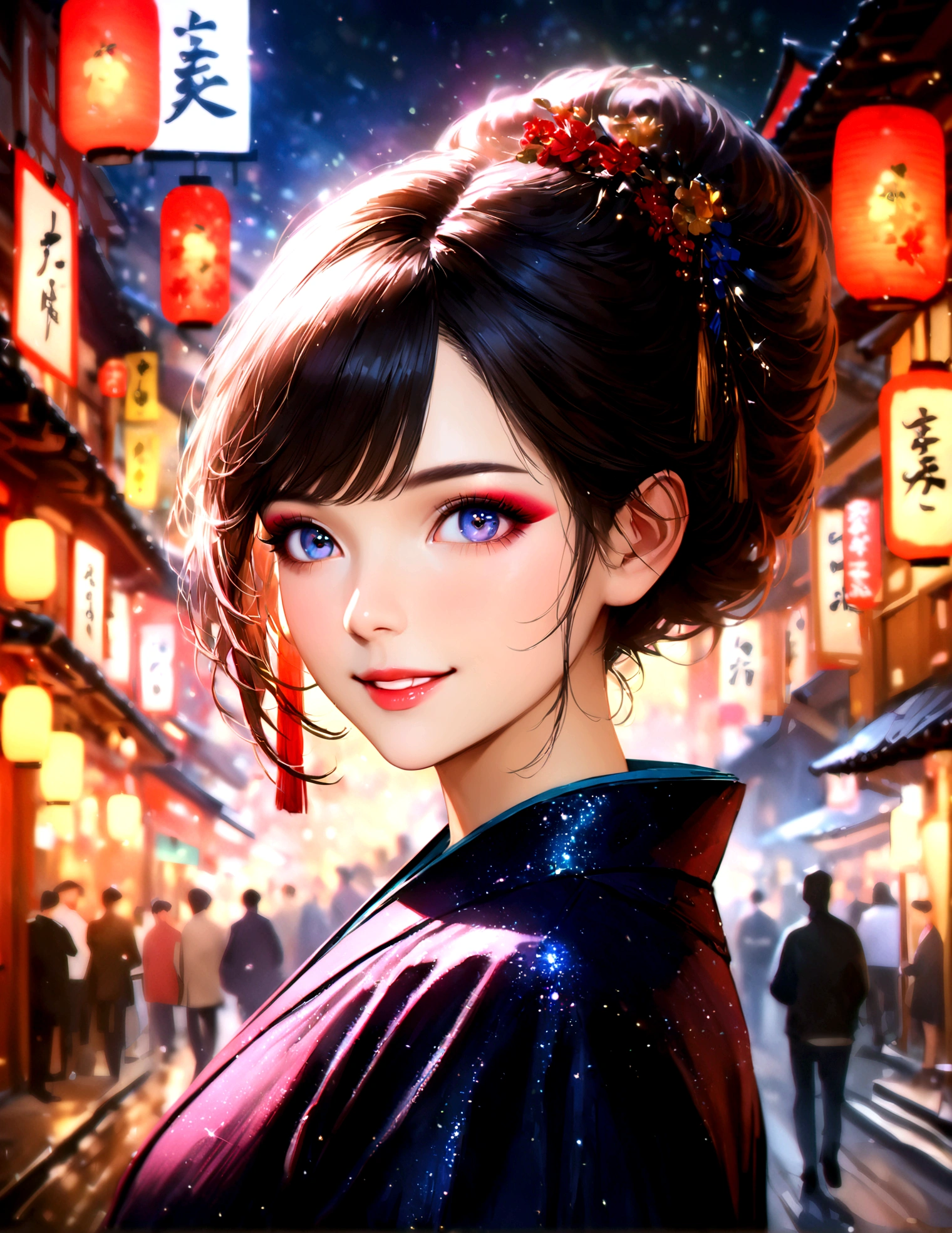 Kyoto, kimono,Maiko makeup,Blur the background,young woman,smile,Glitter effect,Highest quality, 8K, High resolution, masterpiece:1.2, Very detailed, Realistic:1.37, High resolution, 超High resolution, Ultra-fine painting, Professional, Vibrant colors