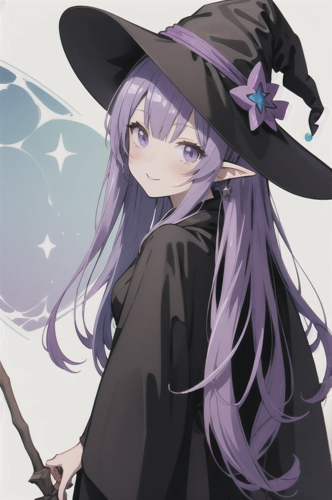 anime girl long purple hair wearing a black Robe. she has pointy ears. Witch Hat. Manga kawaii. iridescent ,An illustration, 0ne person .look back