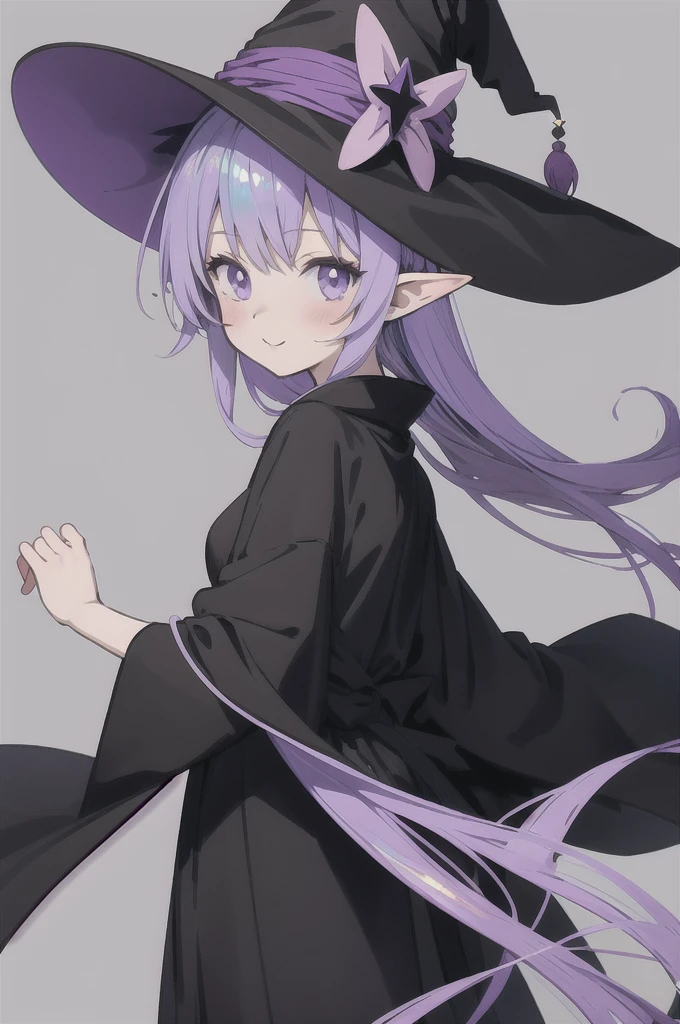 anime girl long purple hair wearing a black Robe. she has pointy ears. Witch Hat. Manga kawaii. iridescent ,An illustration, 0ne person .look back