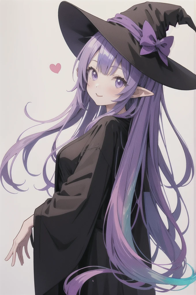 anime girl long purple hair wearing a black Robe. she has pointy ears. Witch Hat. Manga kawaii. iridescent ,An illustration, 0ne person .look back